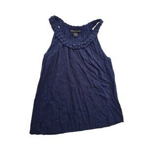 Marisa Christina Ruffled Neckline Sleeveless Navy Blue Linen Tank Top Size M